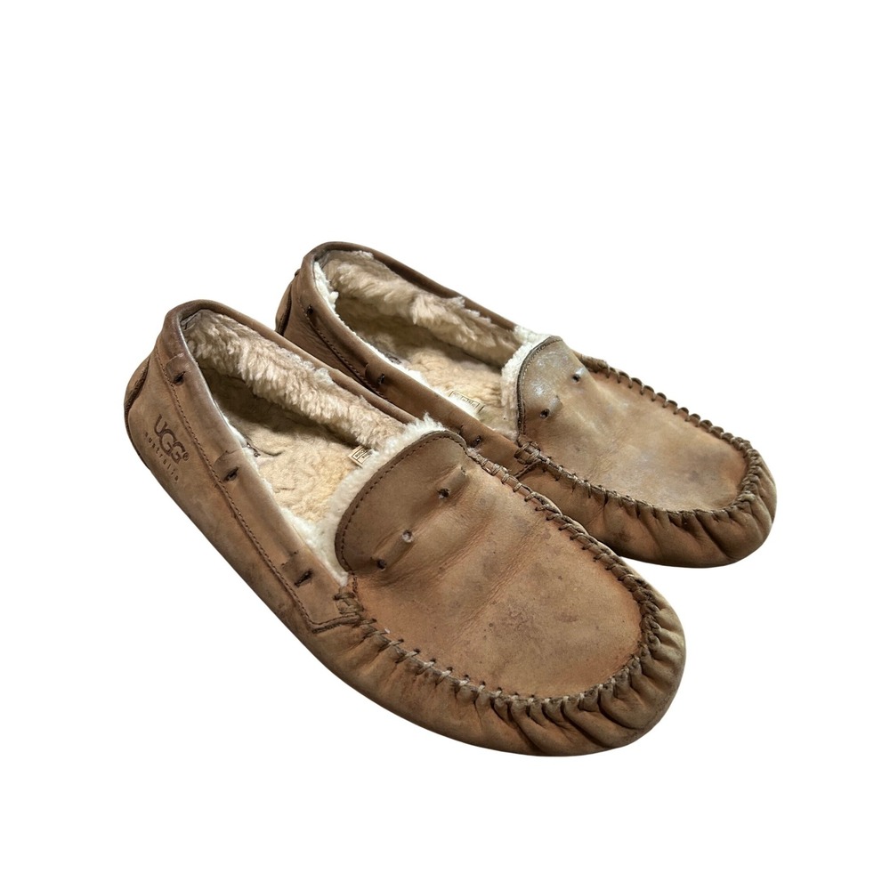 UGG Australia Chestnut Suede Shearling Moccasin Slippers Slip On Womens 9 Tan